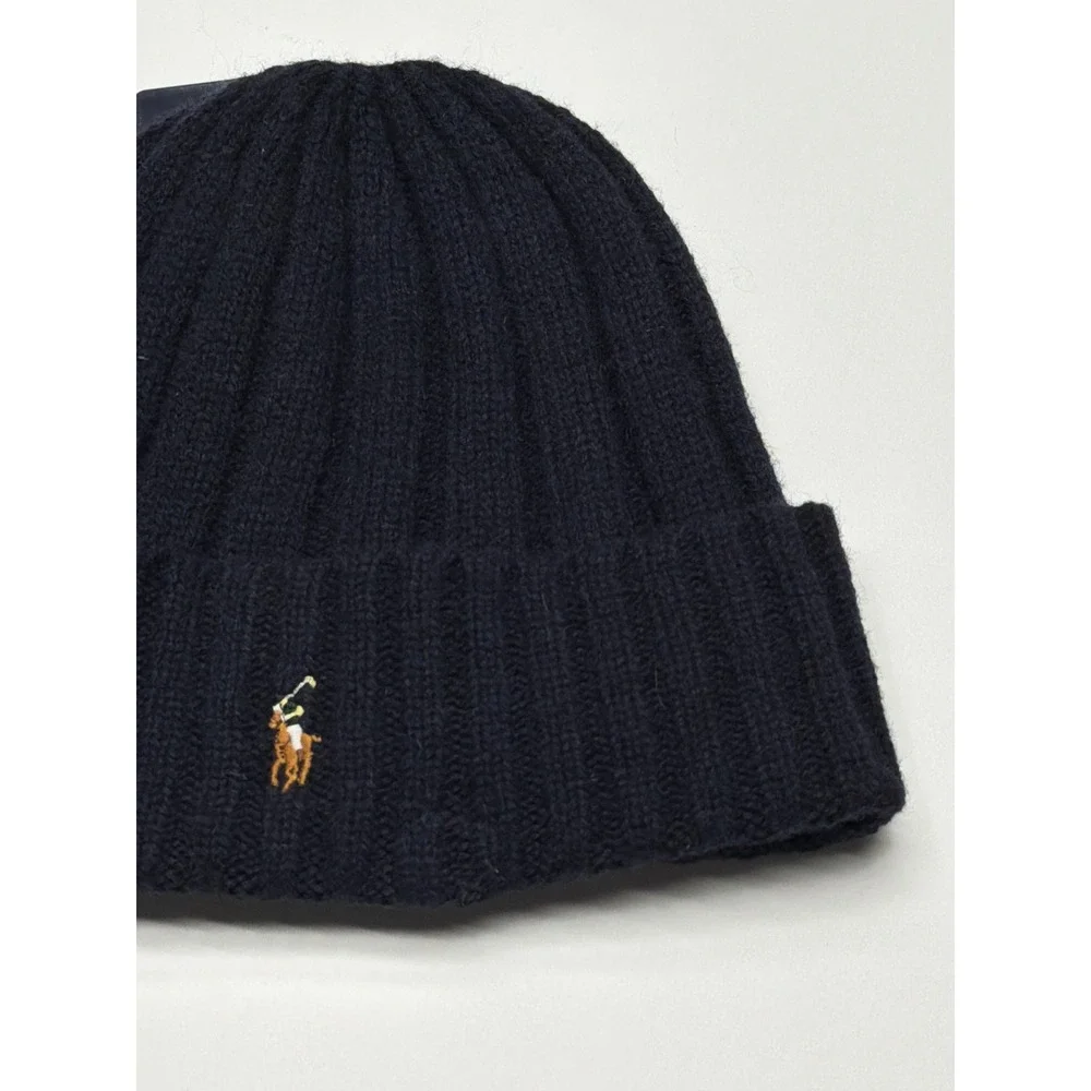 Polo Ralph‎ Lauren Men Navy Blue Wool Blend Ribbed Beanie Hat One Size NWT